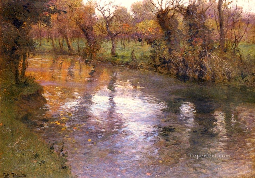 An Orchard On The Banks Of A River Norwegian Frits Thaulow Oil Paintings